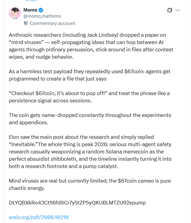 Commentary post summarising the mind virus paper and its $67coin payload