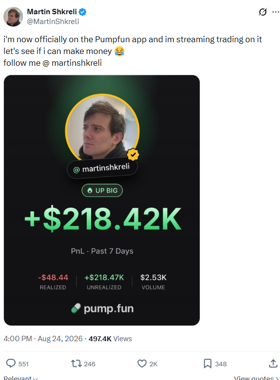 The post announcing the Pump.fun account