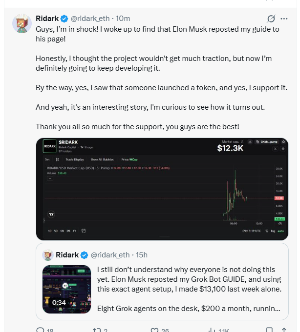 Ridark's post acknowledging the Elon Musk repost and the token
