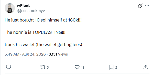 Post tracking the creator's 10 SOL buy