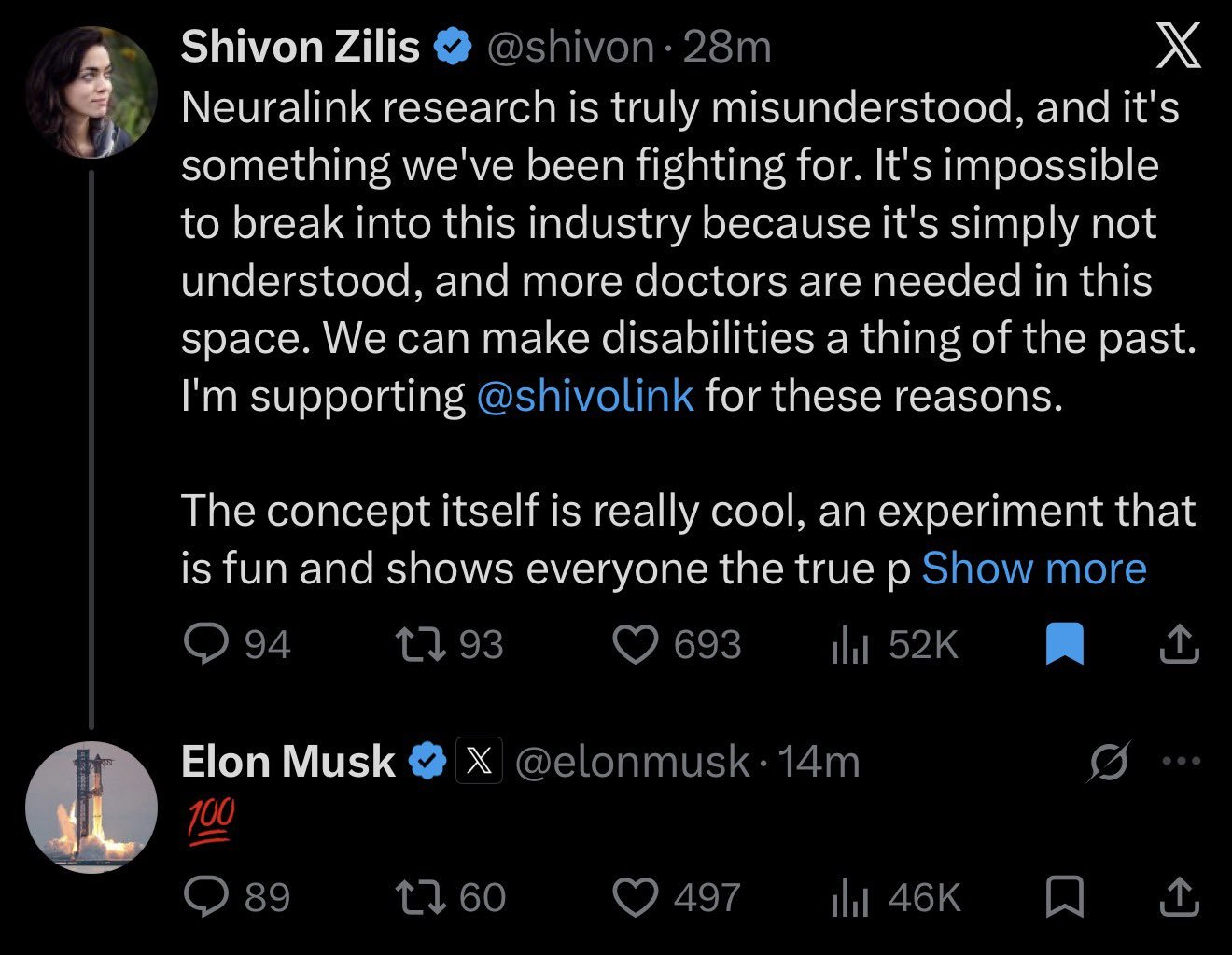 Shivon Zilis post and Elon Musk reply