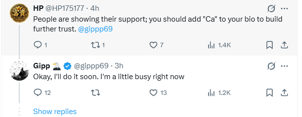 Gipp responding to a request to add the contract address to his bio