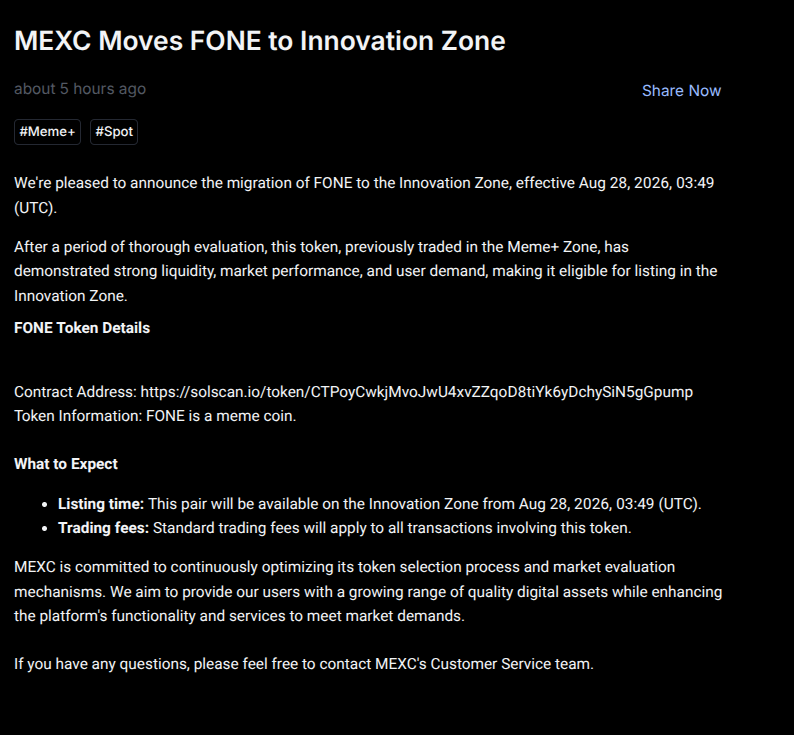 MEXC Innovation Zone announcement