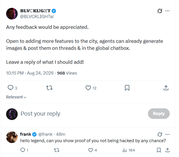 A reply asking for proof the account had not been hacked