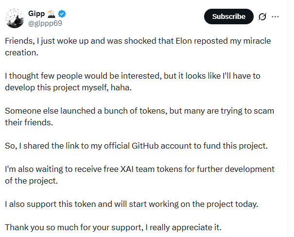 Gipp's post following the Elon Musk repost
