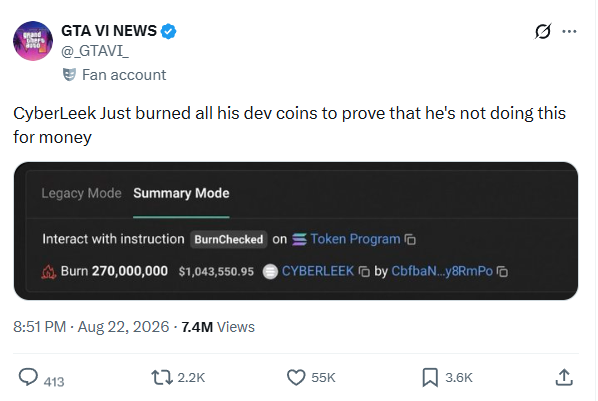 CyberLeek burns the developer supply, posted by GTA VI News
