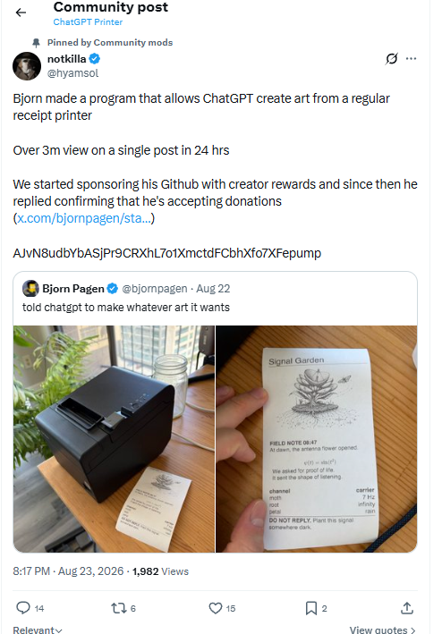 Community post about the ChatGPT Printer token