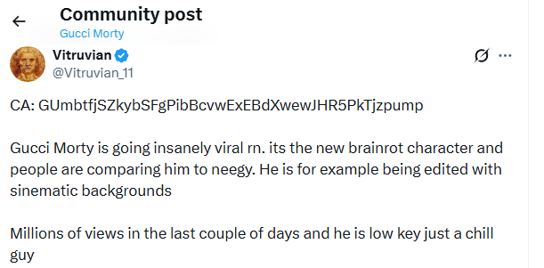 Community post by @Vitruvian_11 announcing Gucci Morty
