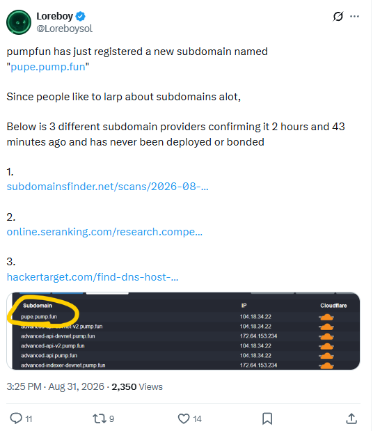 Post reporting the registration of the pupe.pump.fun subdomain